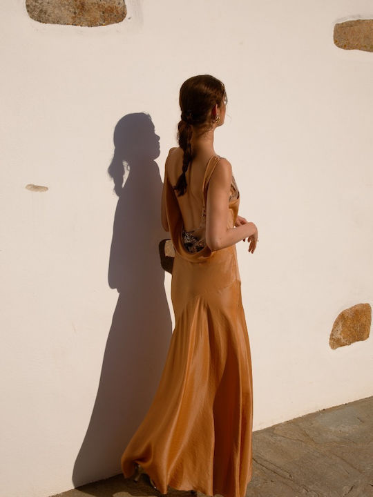 Maxi Abendkleid Satin Drapierung mit Spitze Orange