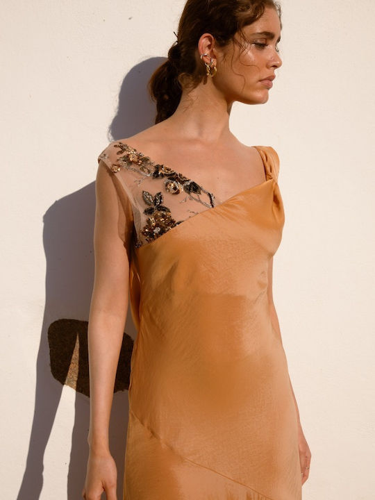 Maxi Abendkleid Satin Drapierung mit Spitze Orange