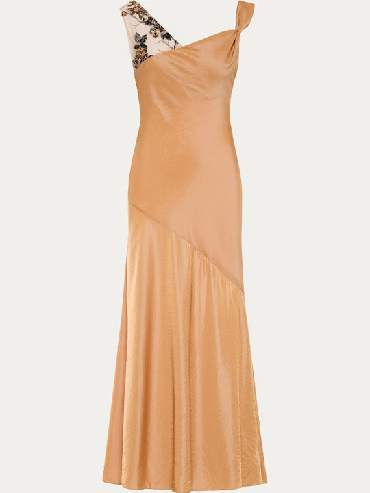 Maxi Abendkleid Satin Drapierung mit Spitze Orange