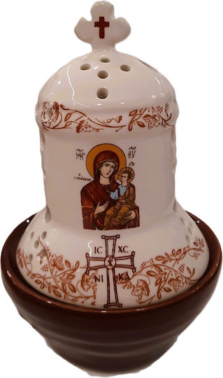 Ceramic Church Vigil Oil Lamp Panagia Two-Tone White Brown Height 20cm Diameter 12cm