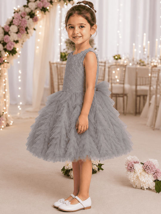 Girls Dress Sleeveless with Lace Floral Grey