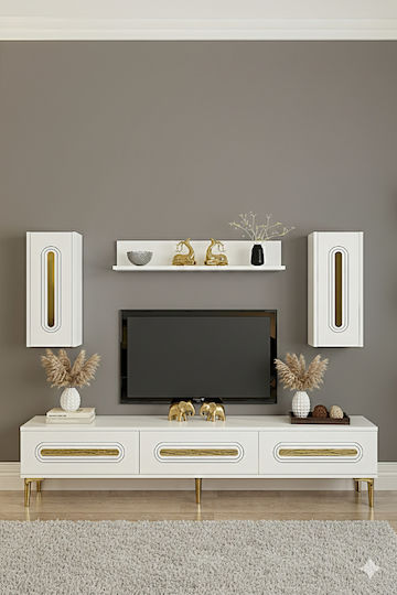 Wohnzimmer TV-Einheit Weiß mit Vitrine & Beleuchtung M180xB30xH41cm Wohnzimmer TV-Einheit Weiß mit Vitrine & Beleuchtung M180xB30xH41cm