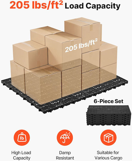 Vevor 6 Pieces Plastic Storage Pallets Stackable Waterproof 600 X 300 X 30 Mm Black Sltp6gfctpl2qf3yb001v0