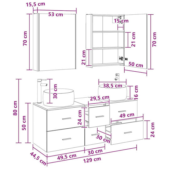 vidaXL Vanity Unit Without Sink With Mirror With Light Smoked Oak Wood