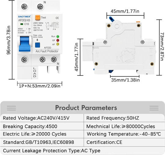 Întrerupător Automat De Circuit Protecție Electrică Arc Afdd Sinotimer Afdd2-63 C16 16a 4.5ka 230v Ac