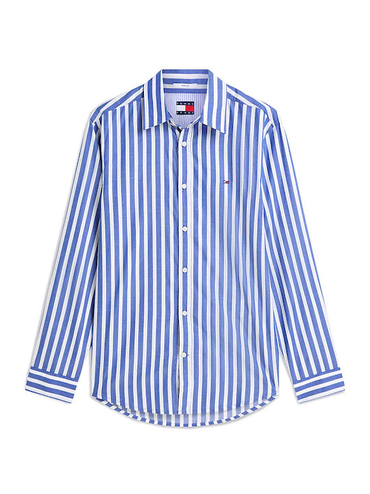 Long Sleeve Denim Shirt in Regular Fit Striped White/Blue