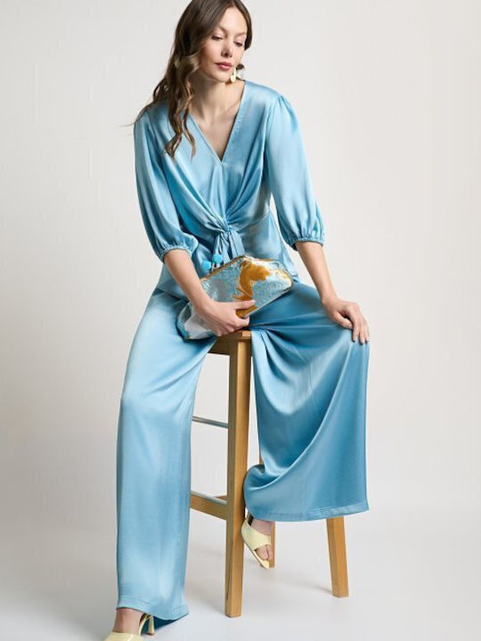 Women's Satin Pantaloons with Rubber Band in Loose Fit Sea Blue