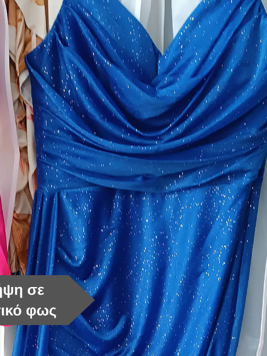 Καλοκαιρινό Maxi Βραδινό Φόρεμα Ντραπέ Μπλε Ρουά