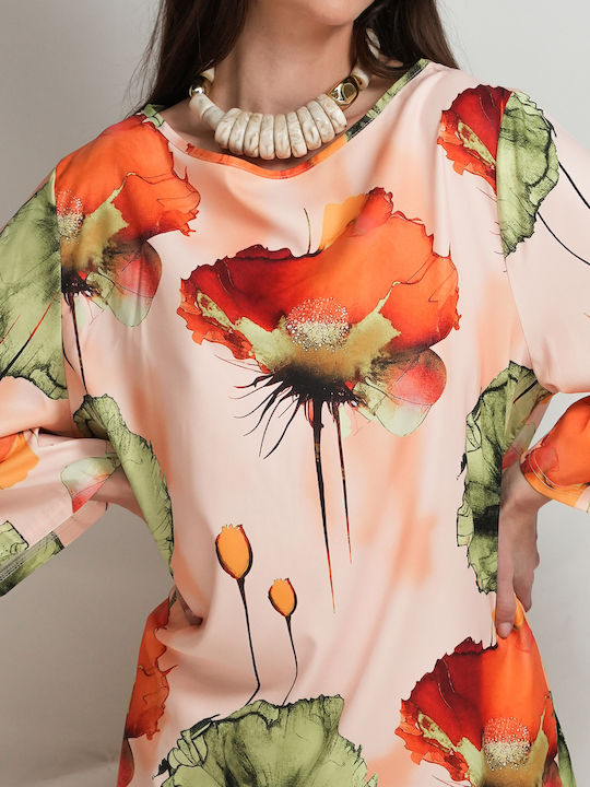 Damen Bluse Satin mit Ausschnitt Lächeln Blumen Mehrfarbig