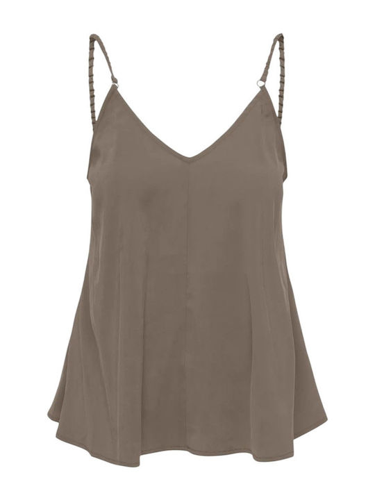 Damen Bluse Ärmellos mit V-Ausschnitt Braun