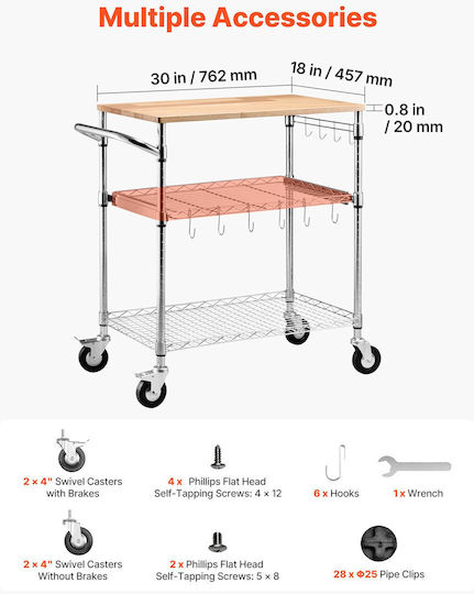 Vevor Metallisches Lebensmittelregal Mit Rädern Silber 76x46x91cm
