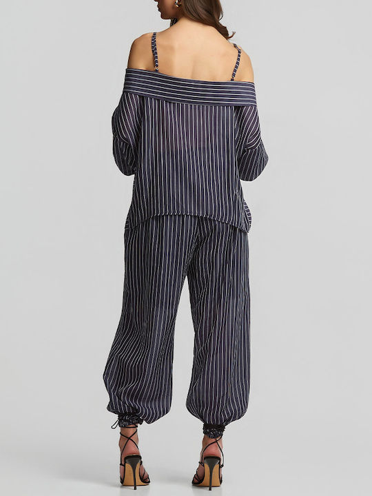 Damen Hochbund Stoffhose in Lose Muster Gestreift Blau