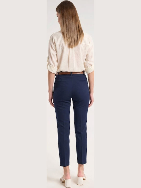 Pantaloni Dama Capri Din Țesătură Cu Talie Înaltă Cu Elastic Croială Dreaptă Albaștri
