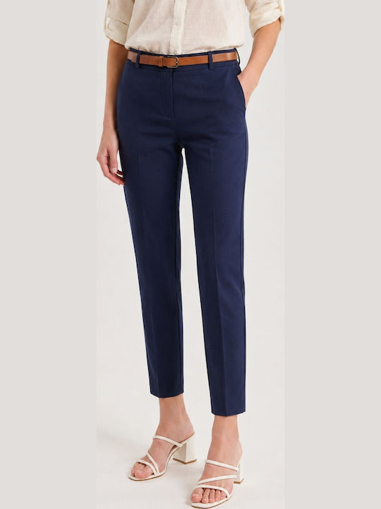 Pantaloni Dama Capri Din Țesătură Cu Talie Înaltă Cu Elastic Croială Dreaptă Albaștri