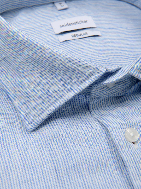 Long Sleeve Linen Shirt in Narrow Fit Striped Light Blue