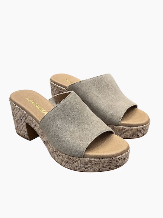 Suede Mules with Heel in Beige Colour