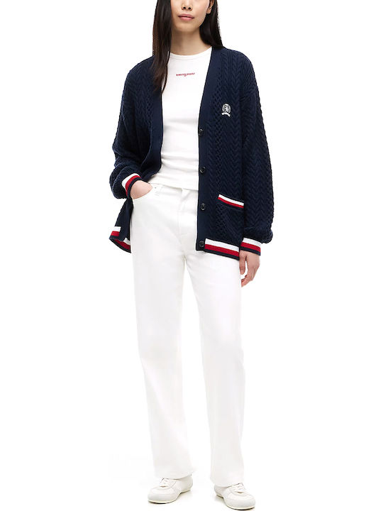 Long Women's Knitted Cardigan Red-White-Blue