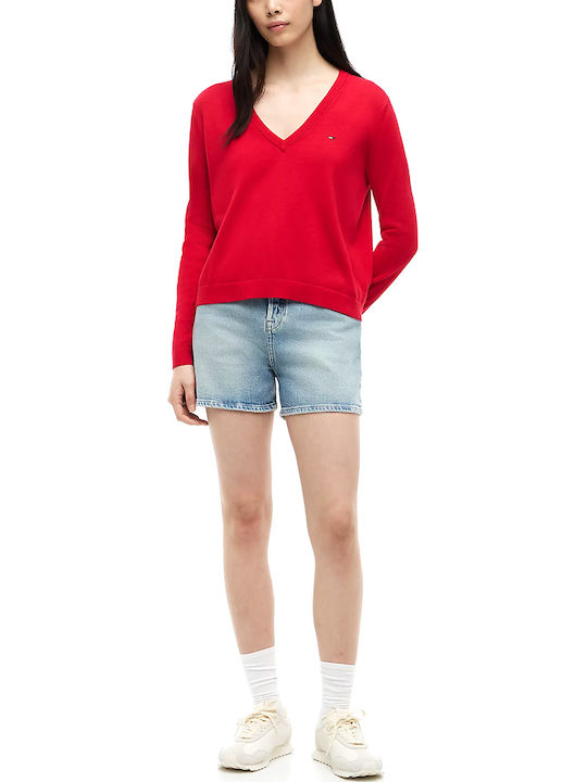 Essential Damen Langärmeliges Baumwoll-Pullover mit V-Ausschnitt Rot