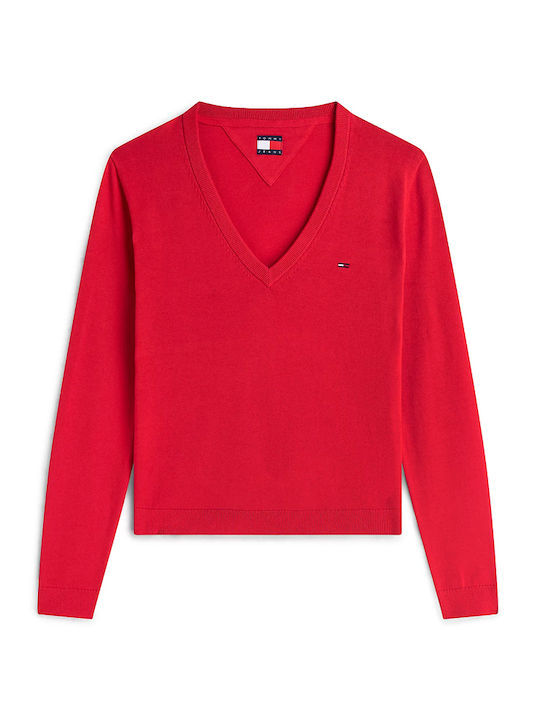 Essential Damen Langärmeliges Baumwoll-Pullover mit V-Ausschnitt Rot