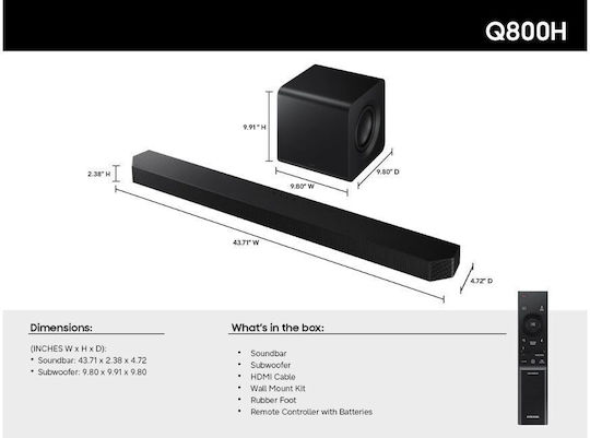 Samsung HW-Q800H/EN Soundbar 5.1.2 Bluetooth HDMI and Wi-Fi 39W with Wireless Subwoofer and Remote Control Black
