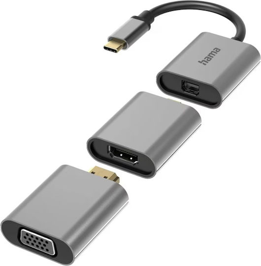 HAMA Convertor USB-C masculin în HDMI / VGA / mini DisplayPort feminin Gri 1buc 00200306