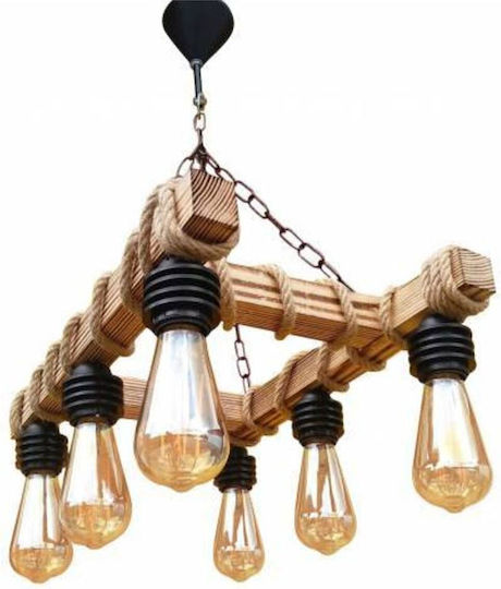 Stewehome Handmade Wooden 6 Bulb E27 Ceiling Light Living Room Natural Wood 30 X 50 X 60 Cm
