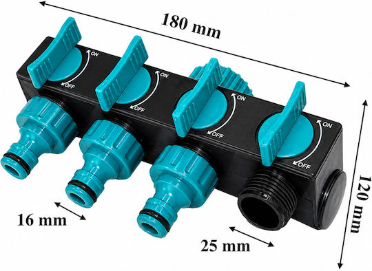 Distribuitor De Apă Cu 4 Ieșiri Zola Supape Individuale Pornit Oprit Conector 1” Adaptoare 3/4” 1/2” Pvc 18 X 12 X 8 Cm