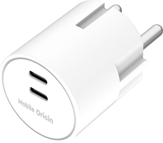Mobile Origin Charger Without Cable GaN with 2 USB-C Ports 30W Power Delivery White (PW33)