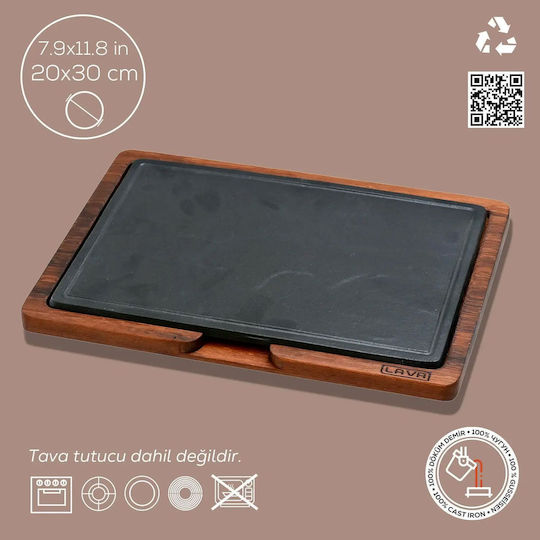 Cast Iron Serving Tray 30 X 20 Cm Wooden Base Lava