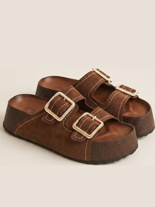 Leder Flache Damen Sandalen Braun 67001-Braun