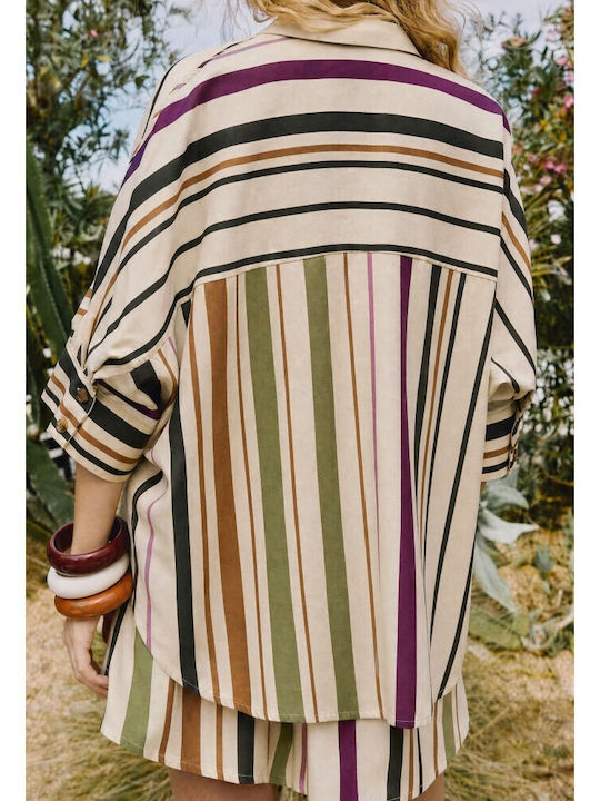 Κοντομάνικο Γυναικείο Πουκάμισο Beige Ριγέ
