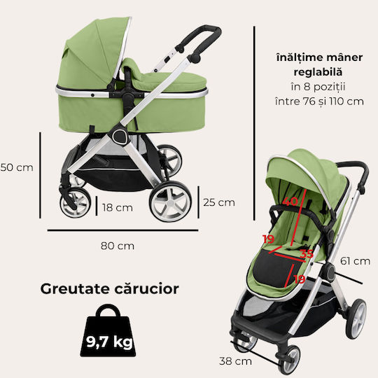 Kidizi Cărucior 2 în 1 Potrivit pentru Nou-Născut Verde
