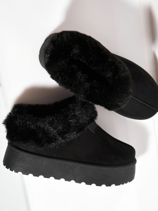 Leather Winter Women's Slippers Black
