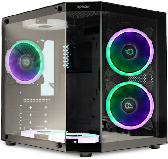 Spacer SPCS-GC-AQUARIUM-BK-6F Gaming Mini Tower Carcasă PC cu Panou Lateral și Iluminare ARGB Neagră