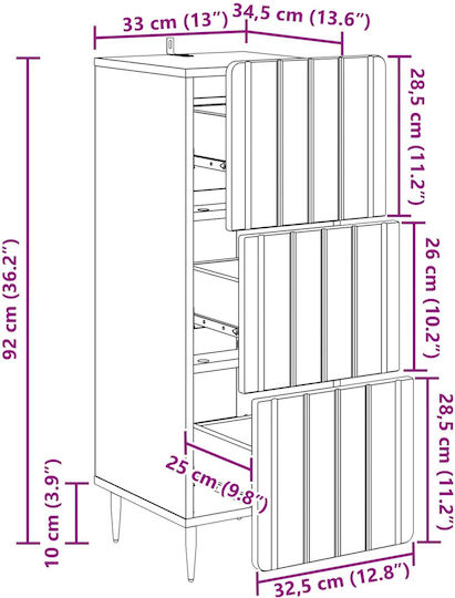 Comodă de Depozitare din Lemn cu 3 Sertare M33xL34,5xÎ92cm