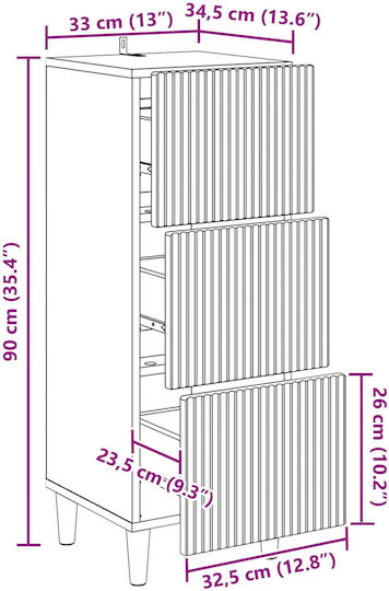 Comodă de Depozitare din Lemn cu 3 Sertare M33xL34.5xÎ90cm