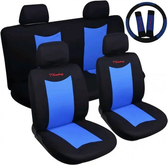 Complete Set 10 Pieces Universal Car Seat Covers Steering Wheel And Seatbelt Covers Polyester Black Blue