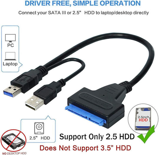 DeTech 18295 Dual Power USB 3.0 zu Sata Kabel Schwarz