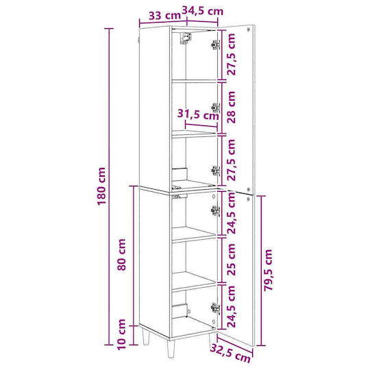 vidaXL Bathroom Column Cabinet Wall Hung M33xD34.5xH90cm Sonoma