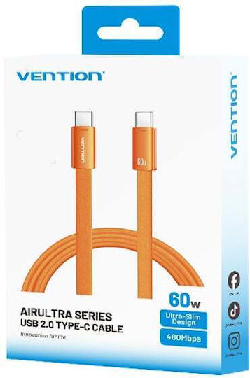 Vention Flat Braided USB 2.0 Cable USB-C Male USB-C 60W PD Orange 1m