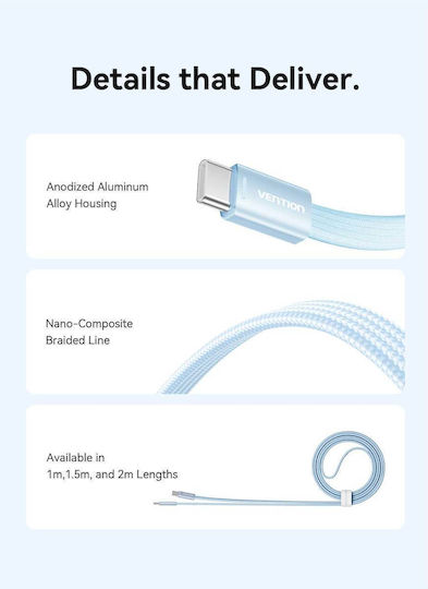 Vention Flat Braided USB 2.0 Cable USB-C Male - USB-C 60W PD Black 1m TRZBF
