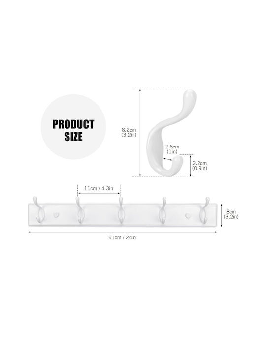 Uncle George Wall Hanger Bamboo 5 Hooks White 61x9x8cm