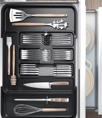 Ruhhy Opening Plastic Drawer Cutlery Tray 44.5x36.5cm Black