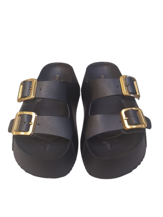 Leather Women's Flat Sandals Flatforms Black