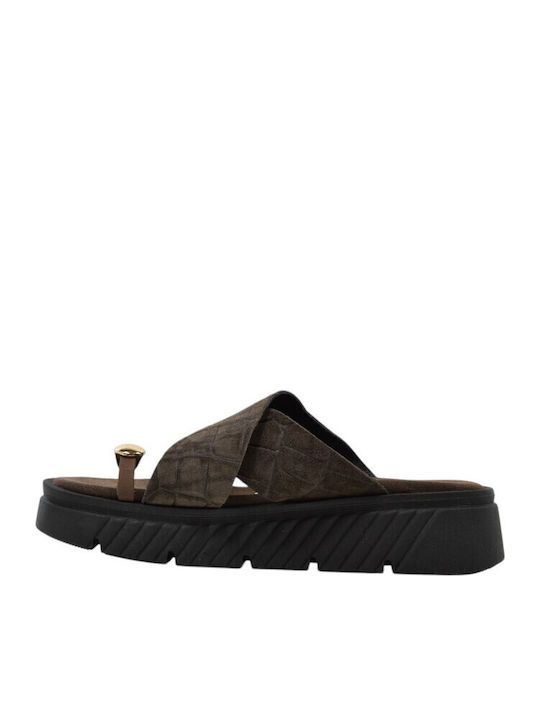Leather Women's Flat Sandals Brown 3542+Brown Suede Leather
