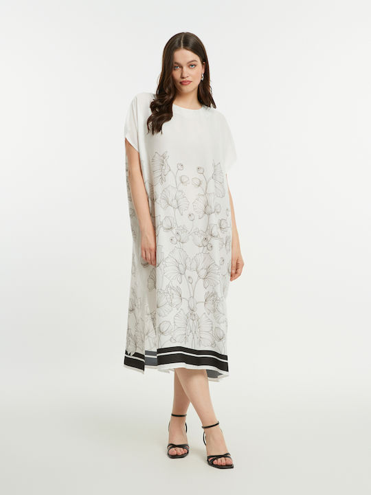 Rochie De Vară Pentru Femei Midi Rochie-Cămașă Satin Floral 8501.7034-White