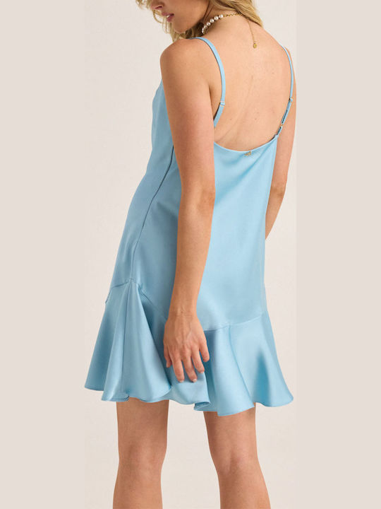 Summer Mini Satin Dress with Ruffles Light Blue