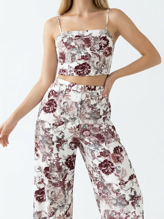 Damen Weißes Set mit Hochbund Blumenhose