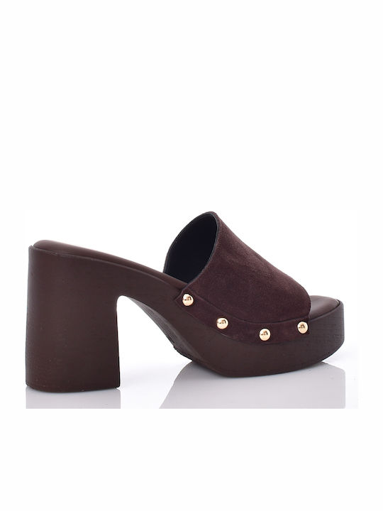 Suede Mules With Heel In Brown Colour