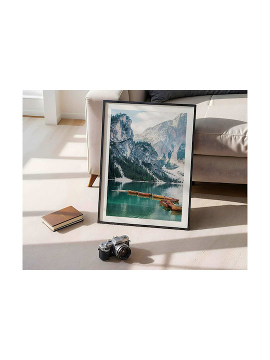 Poster Boats In Braies Lake Pst25108 40cm X 50cm Premium Black Wooden Frame